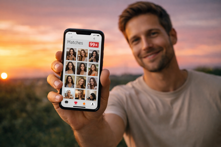 Smartphone-Bildschirm zeigt Dating-App mit 99+ Matches, Mann lächelt zufrieden, Sonnenuntergang im Hintergrund, Erfolgsgefühl